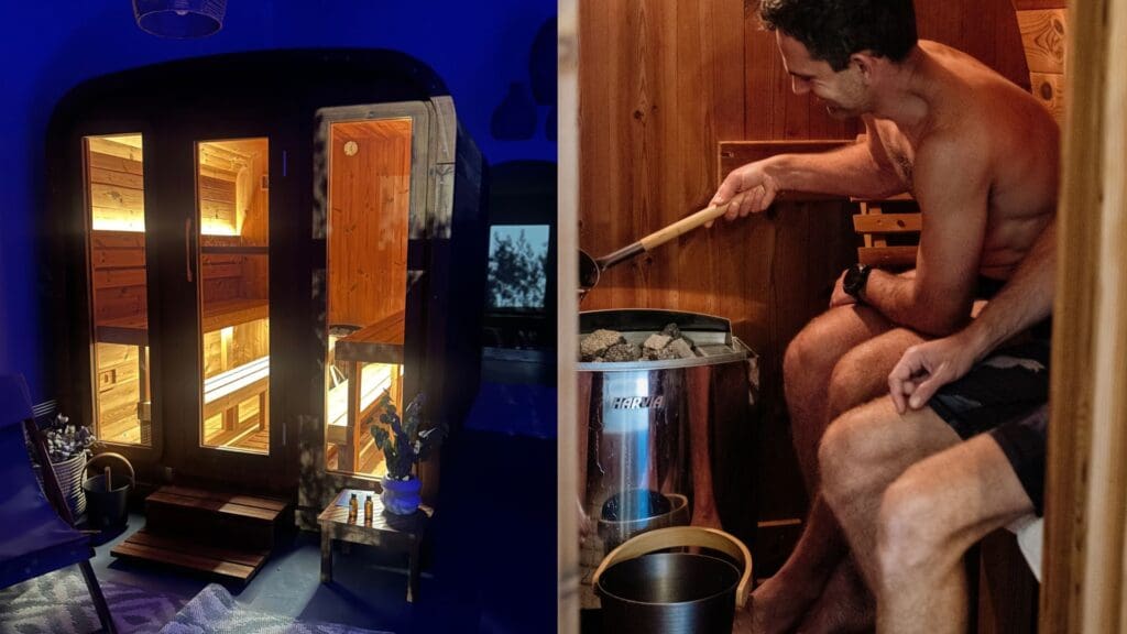 fjord plunge getaway adventure showing men in sauna